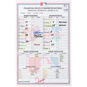 Dylan Crews Washington Nationals Autographed Game-Used Lineup Card vs. Philadelphia Phillies on September 29, 2024 - Fanatics Authentic Certified