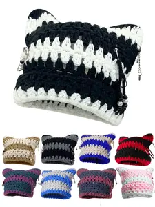 Unisex Cute Cat Ear Handmade Crochet Knit Hat, Detachable Metal Pin Fringe Decoration Punk Cap Y2K Street Fashion Hip Hop Hollow Out Fun Striped Hat Knitting Beanie