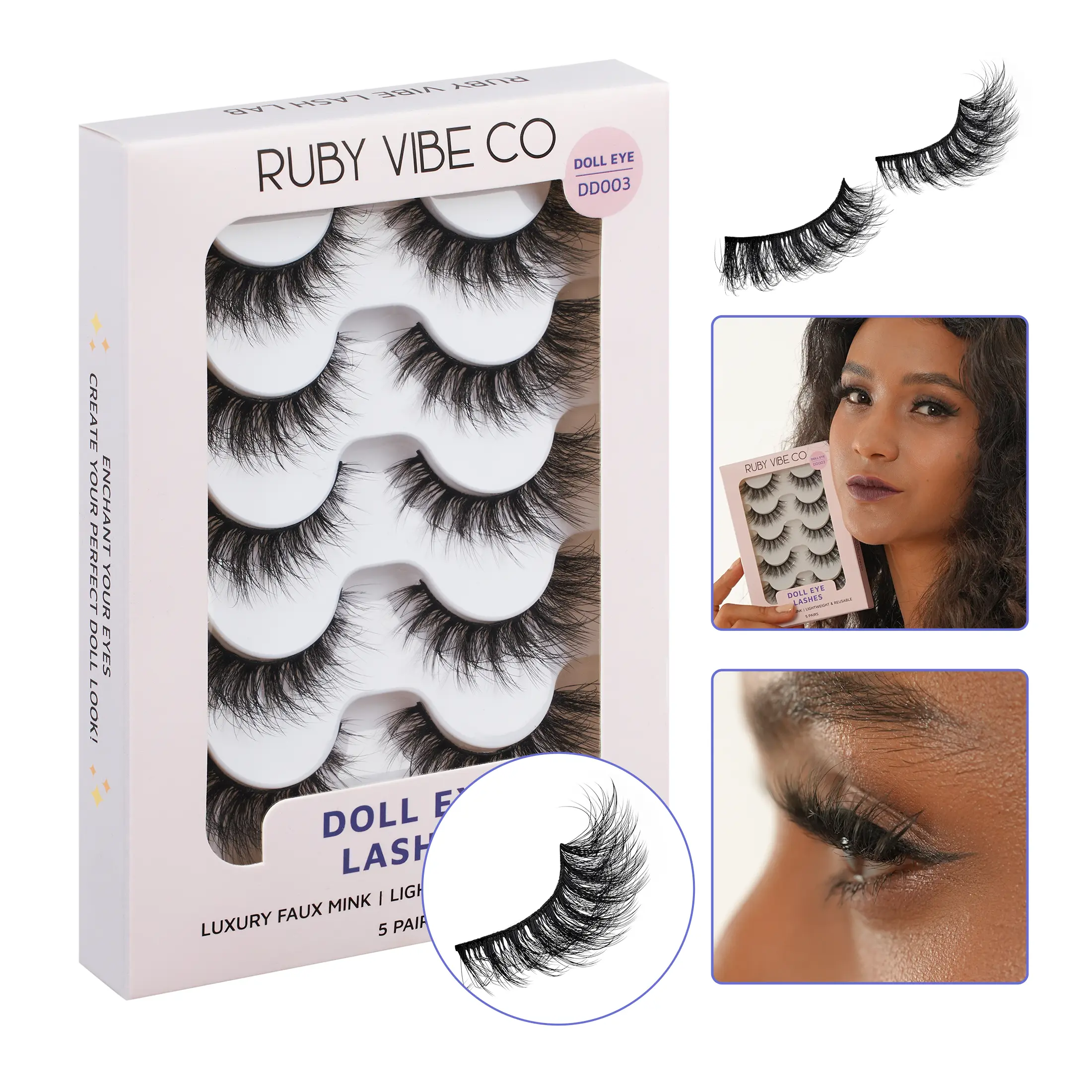 RUBY VIBE CO Dreamy Doll Eye Strip Lashes, 5 Pairs Faux Mink Wispy Lash Strips, Anime Fairy Lashes with Defined Spikes, Lightweight Reusable Full Length Lash Strips