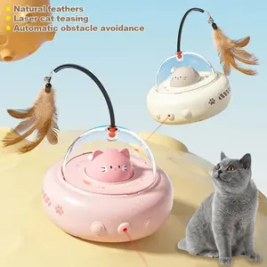 Smart Teaser Cat Toy Electric UFO Cat Teaser Stick with Bell Training Pet Toys Replaceable Feather Interactive Cat Supplies USB Charging ABS Material Natural Feathers Laser Teasing Automatic Obstacle Avoidance
