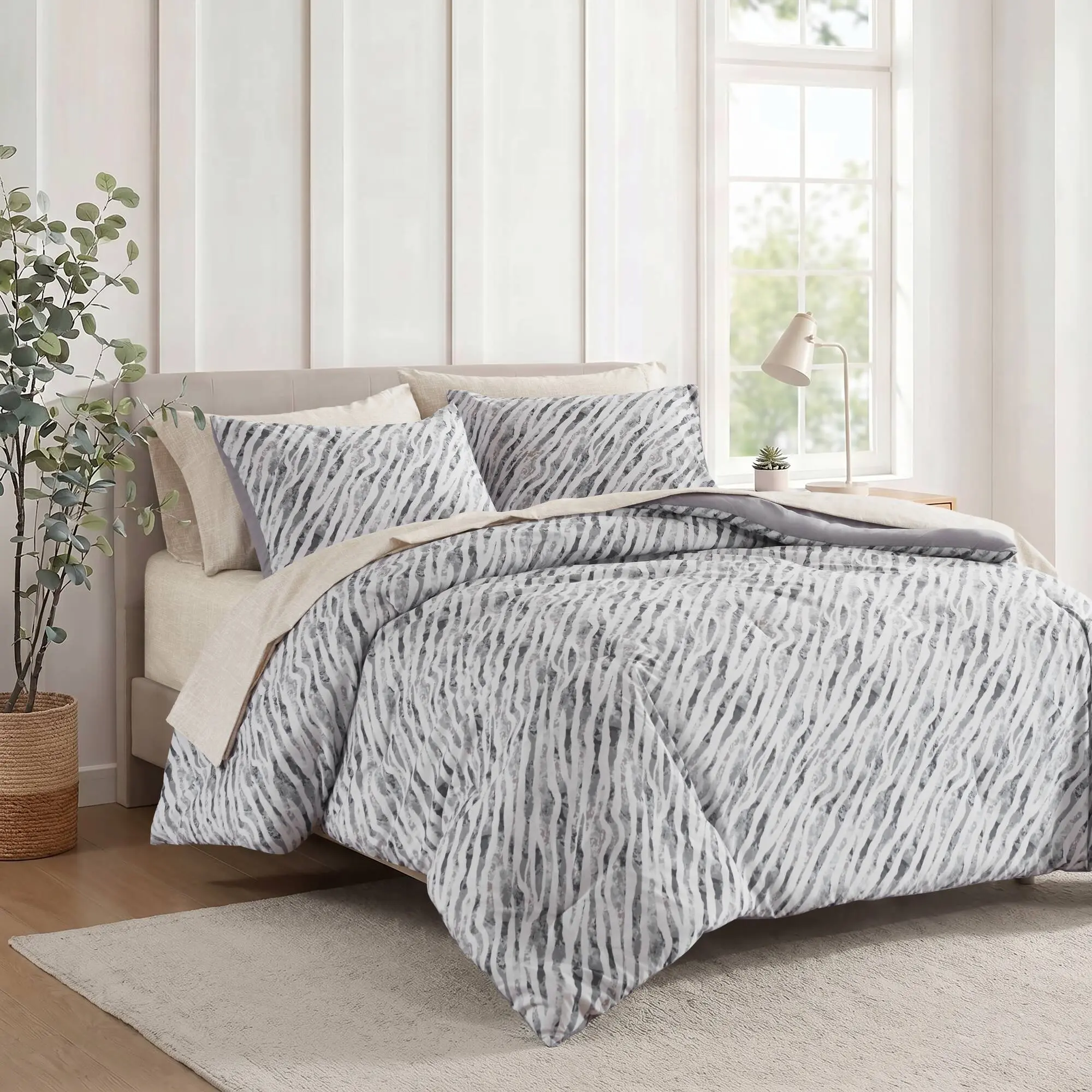 7-Piece Full Comforter Set with Sheet Set, Grey – Polyester Bedding Bundle with Abstract Stripe Print, All-Season Lightweight, OEKO-TEX Certified, Complete Bedroom Makeover for Full Size Beds