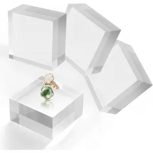 Base Stand 4 count  Blocks for Display 4 X 4 X 2 Inch Clear Polished Block Square Cube Riser Display Pedestal Stands for  Perfume Ring Collection Props Cake