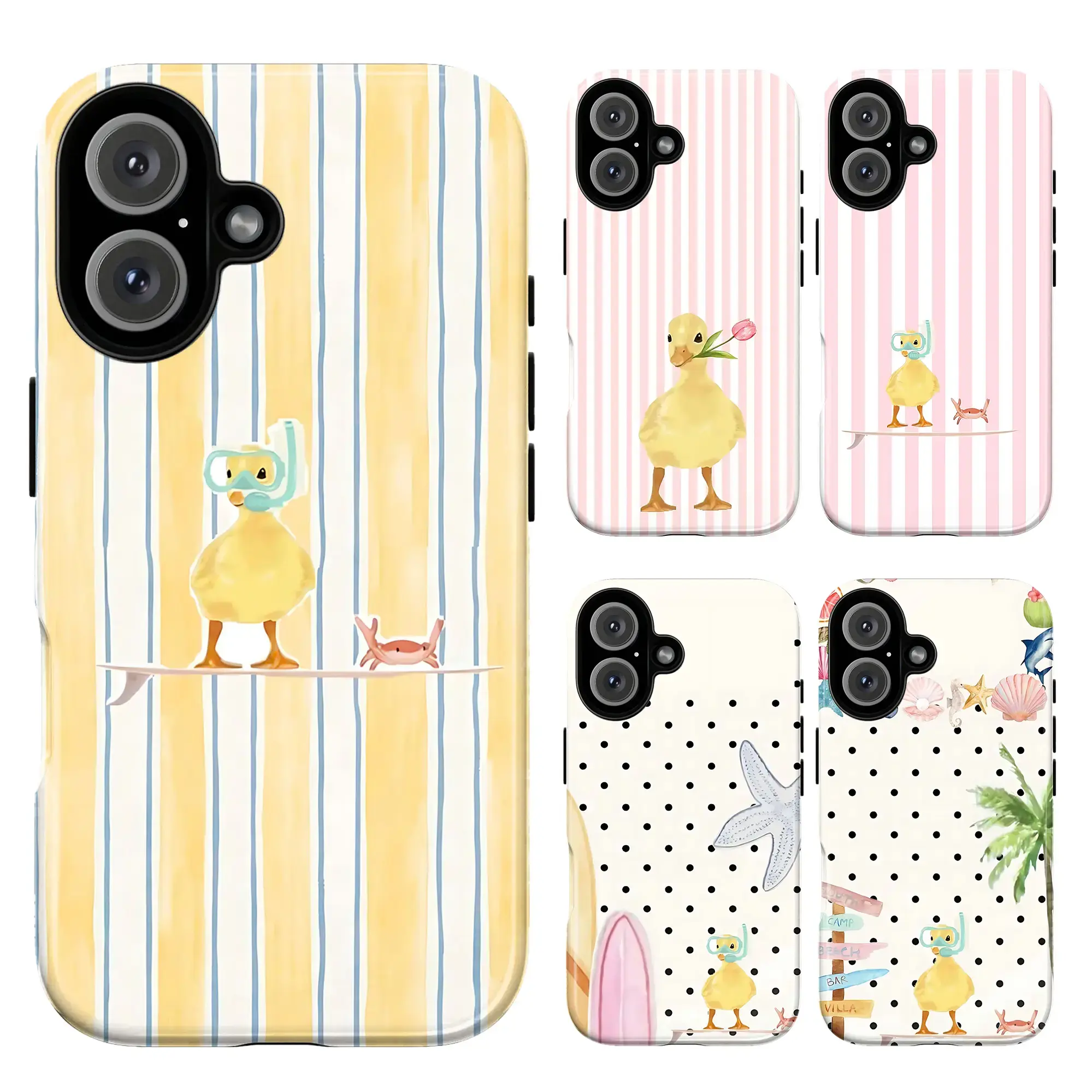 Cute Duck Phone Case – Kawaii Yellow Duck Aesthetic Cover For IPhone 17 16 15 14 13 12 11 Pro Max |   Soft Girl Pastel Striped Duckling Design, Beach Summer Vibe, Cute Animal Gift For Her Sunny Disposition Core Impact Resistant Cover