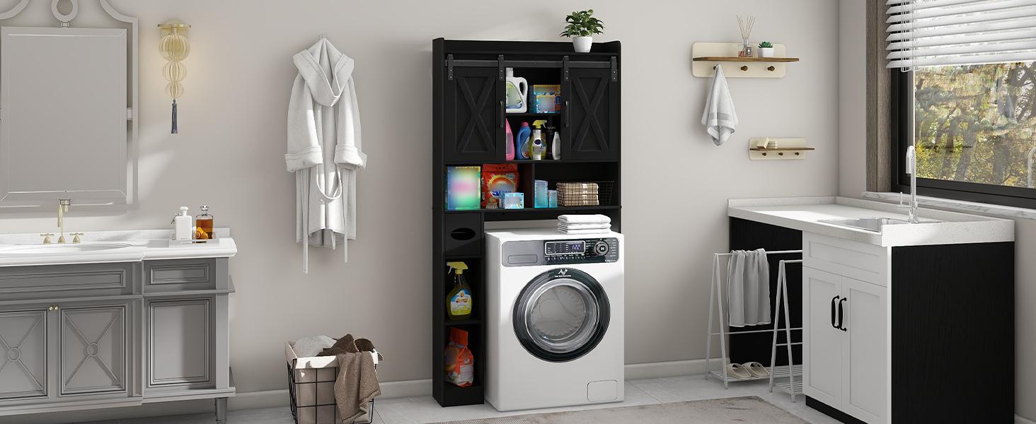 Vabches Wood Over The Toilet Storage Cabinet with Sliding Barn Doors, Farmhouse Bathroom Space Saver Organizer for Small Bathroom Laundry Room