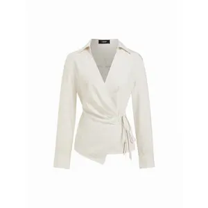 Cider Linen-blend Stripes Asymmetrical Wrap Ruched Knotted Shirt