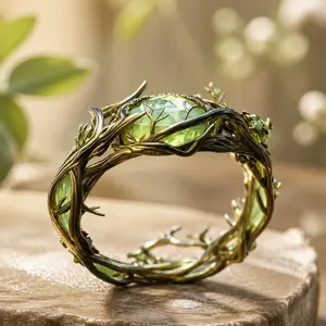 Vintage-Style Jade Ring—Ideal for Sports and Outdoor Activities; Adorned with Malachite and Accented with Vine Motifs; An Adjustable Jewelry Accessory with a Natural, Rustic Charm.