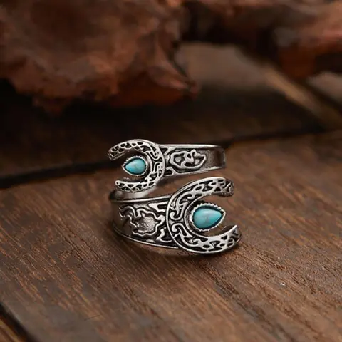 Bohemian Ethnic Feng Shui Teardrop Imitation Turquoise Adjustable Women's Wrench Shape Ring, Boho Statement Ring, Unique Jewelry Accessory, Statement Rings, Boho Style Rings