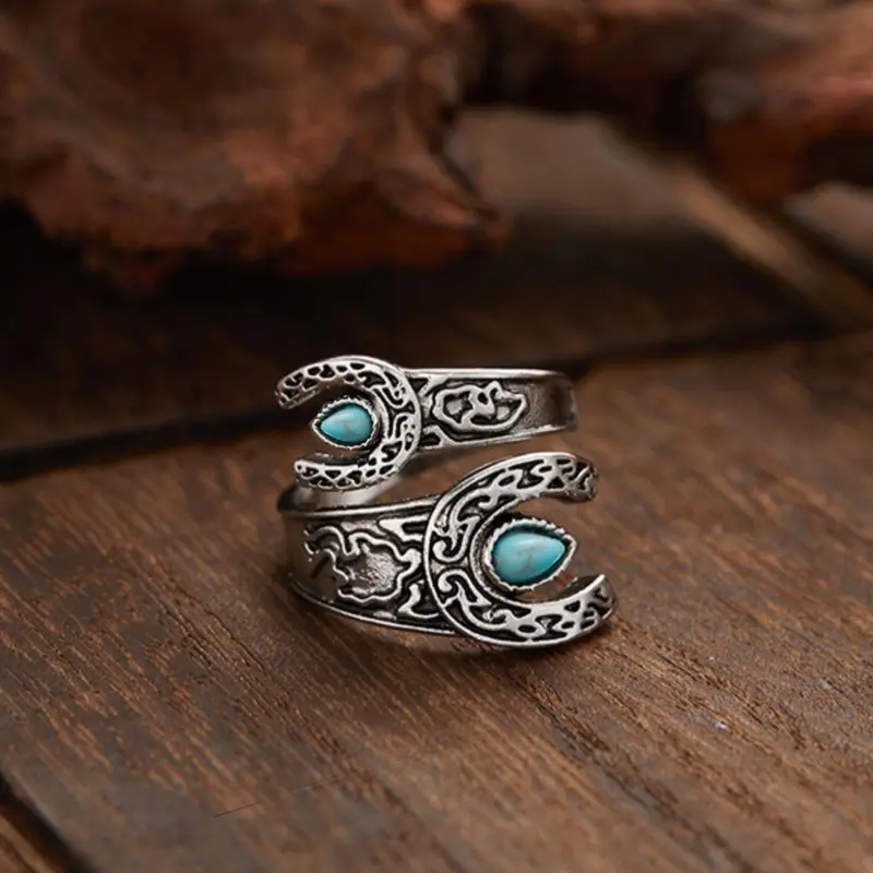 Bohemian Ethnic Feng Shui Teardrop Imitation Turquoise Adjustable Women's Wrench Shape Ring, Boho Statement Ring, Unique Jewelry Accessory, Statement Rings, Boho Style Rings