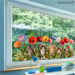A set (30*90cm) of colorful flower and kitten window stickers, double-sided visible decorative window decals, suitable for home windows, glass doors, static stickers D20739