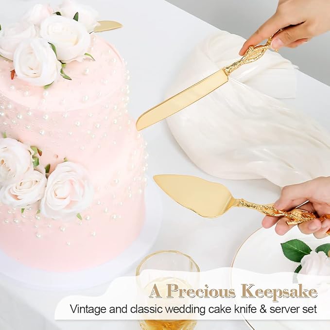 Personalized Gold Cake Cutting Set, Engraved Cake Knife & Server, Wedding Bridal Shower Gift, Custom Pizza Pie Pastry Cutter Server for Birthday Party (F‑Rose)