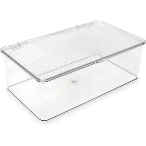 Medium Stackable Organizer Bin (10.75"x6.5"x3.7") w/ Hinged Lid, Clear Storage Box, , Office, School, Fridge, Bathroom, Kitchen, Pantry Container, ,  Safe (Medium, Clear)