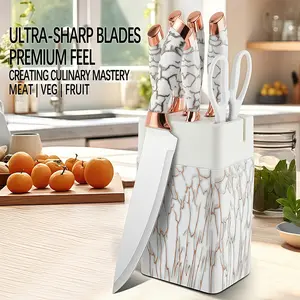 Premium White Marble 7-Piece Kitchen Knife Set with Sharpener Block | High-Carbon Stainless Steel Razor Sharp Blades | Ergonomic Rose Gold Bolster Handle for Meat, Fruit & Veggie Kitchen