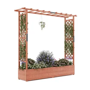 Elevated Wooden Garden Planter with Arch Trellis, Raised Bed with Hanging Roof & Side Trellis for Climbing Plants 79x17x72 in