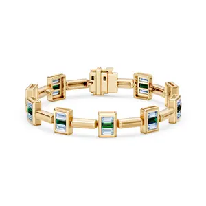 Baguette-Cut Lab-Created Emerald and Moissonite Flush-Set Bracelet