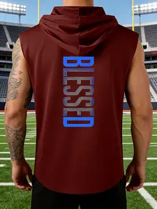Blessed Slogan Graphic Letter Back Print Men's Fitted Hooded Sleeveless Vest, Workout Tank Tops, Faith Style Daily Wear, Gift for Religious Enthusiasts / Father's Day / Valentine's Day, Suitable for Commute / Church