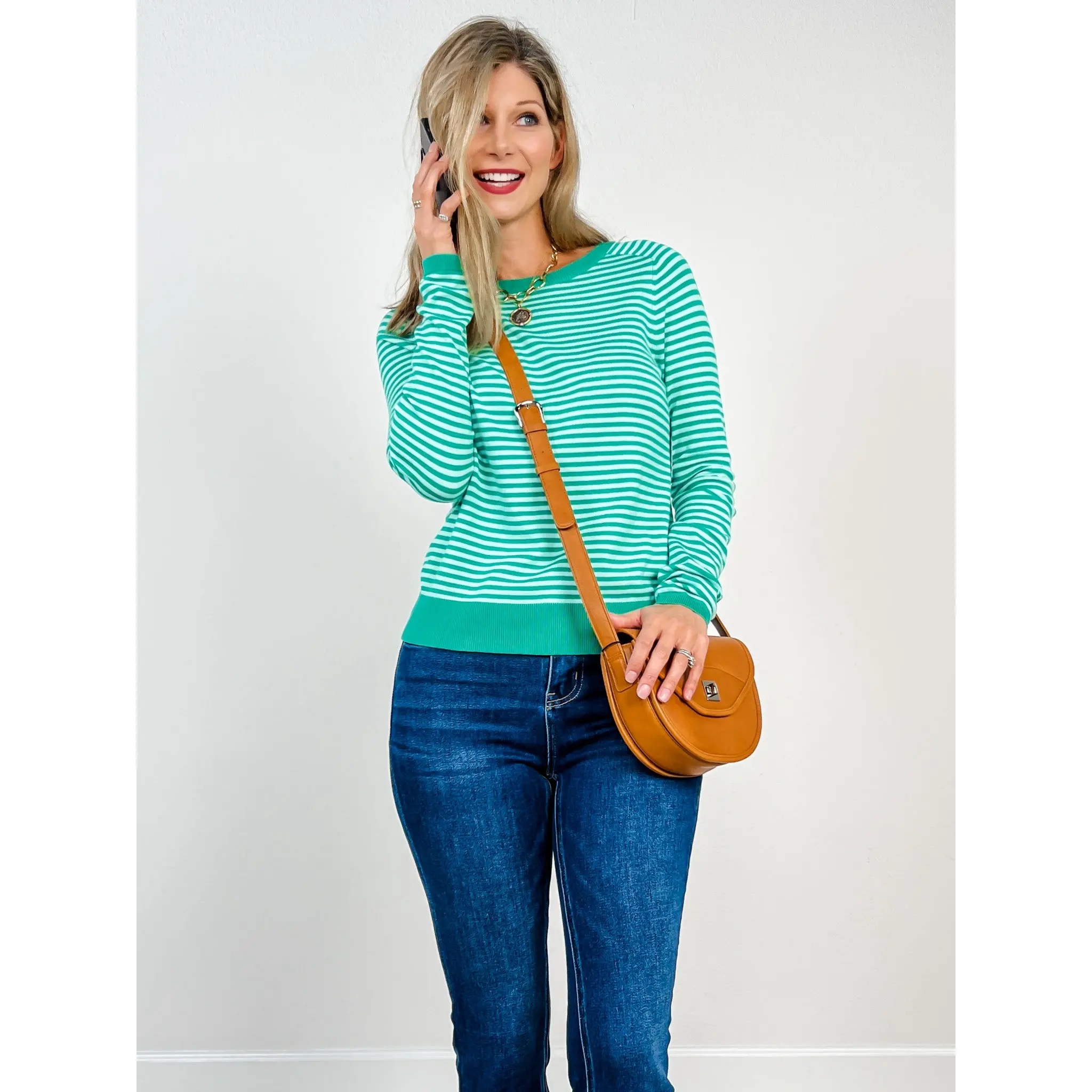 Raglan Sleeve Pin Stripe Crewneck Sweater