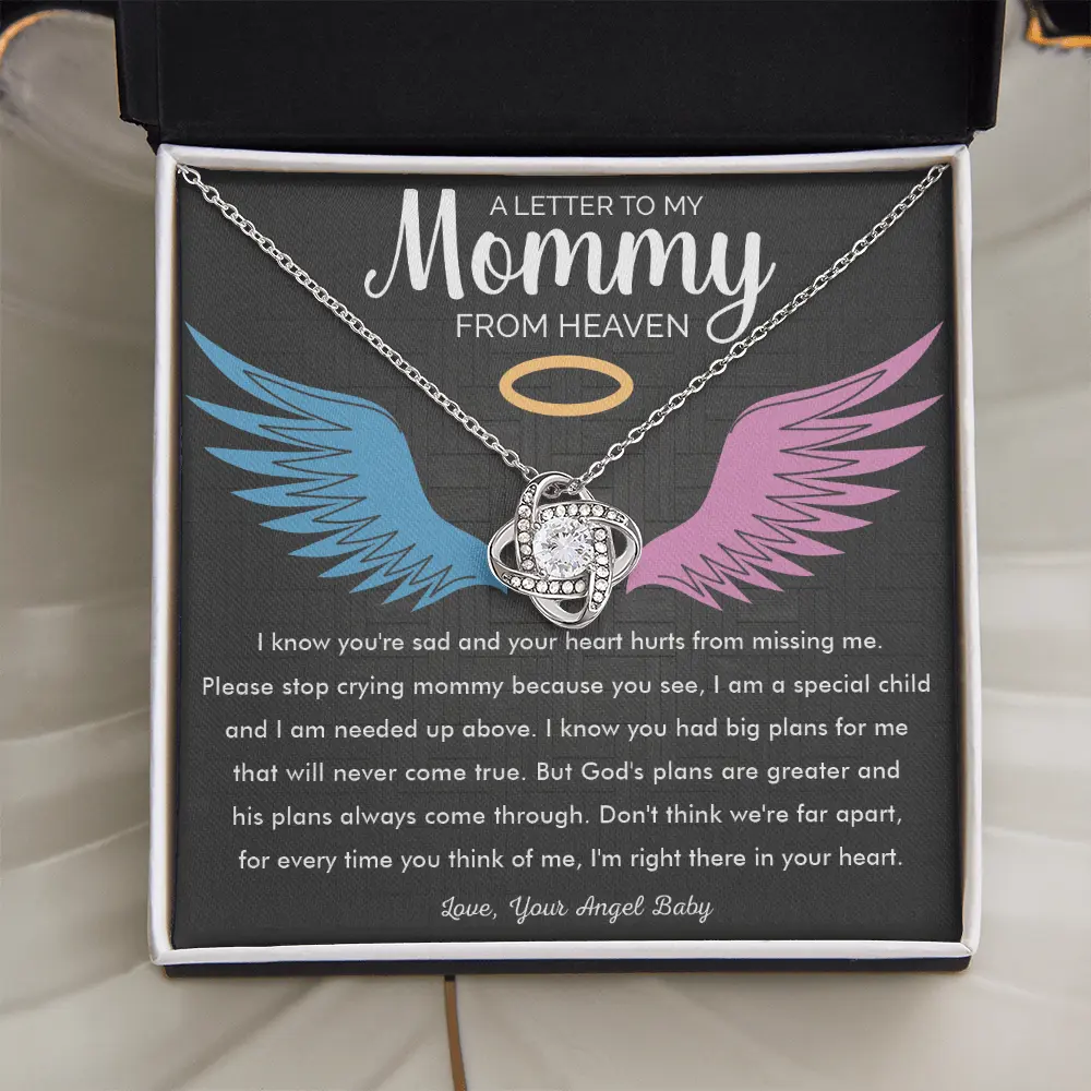 A Letter To My Mommy From Heaven Love Knot Necklace Jewelry Gift Set, Miscarriage Remembrance Infant Loss Sympathy Memorial Gift For Mom, Elegant White Gold Finish With Angel Baby Message Card Box
