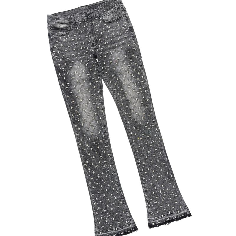 Glit Dark Grey Rhinestone Denim Jacket/Stacked Flare Jean Set