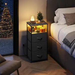 Nightstand with Charging Station and App-Controlled Adjustable LED Lights, Bed Side Table, 3 Drawer and 1 Open Shelf, Bedroom, Adjustable ft, Variable Light Strip, Bedside Tables Small Dresser for Small Space
