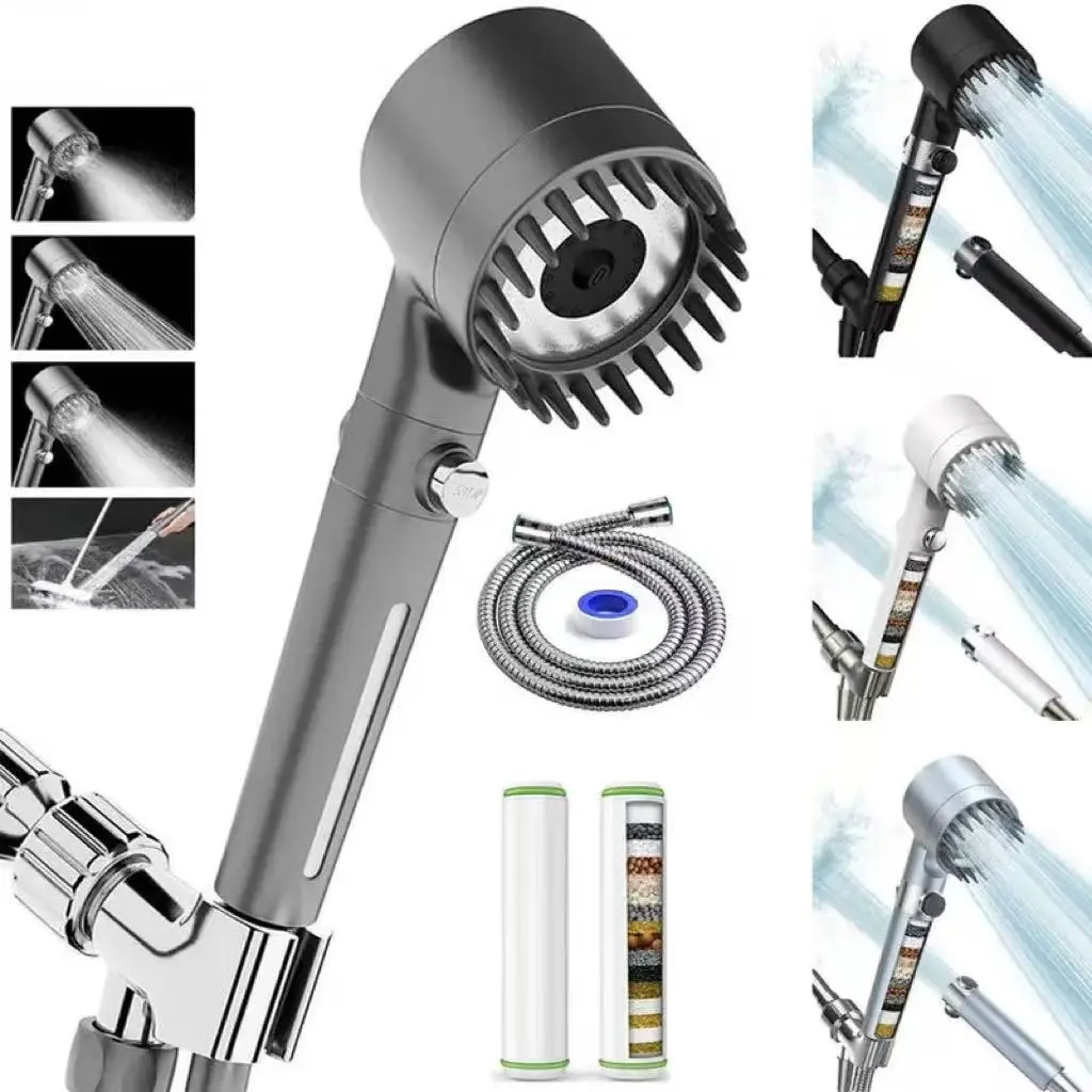 High Pressure Filtered Handheld Showerhead - 15-Stage Vitamin C & KDF Filtration, 3 Spray Settings, 1.5m Stainless Steel Hose, Massage Function, 1-Touch Water Shut-Off, Water-Saving Design, Teflon Tape, Wall Mount for Modern Bathrooms