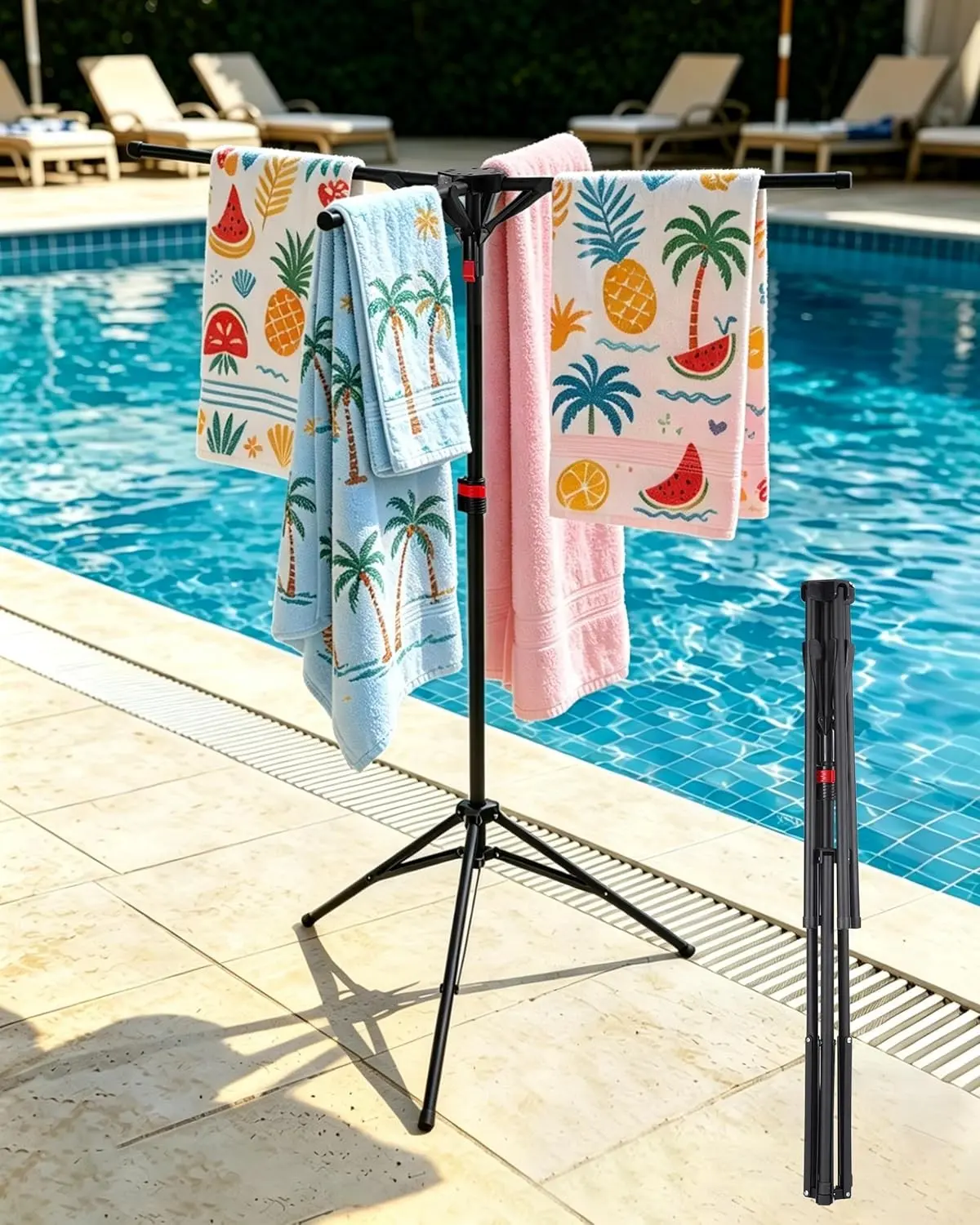 Metal Pool Towel Stand, Foldable Outdoor Towel & Swim Gear Storage Rack, Stable Tower Holder with Tripod Base, Matte Metal Frame for Backyard, Beach Indoor Drying Arrangement