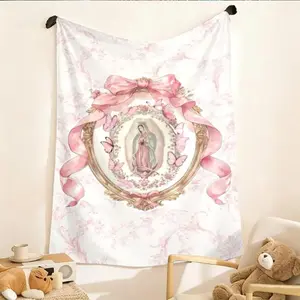*Lightweight Summer Blanket*Our Lady of Guadalupe Pink Bow Frame Flannel Blanket Super Soft Warm Cozy Throw for Bed Sofa Travel Ideal Gift for Feminine Catholic Fans girlfriend colorful design,nap blanket,casual blanket Themed