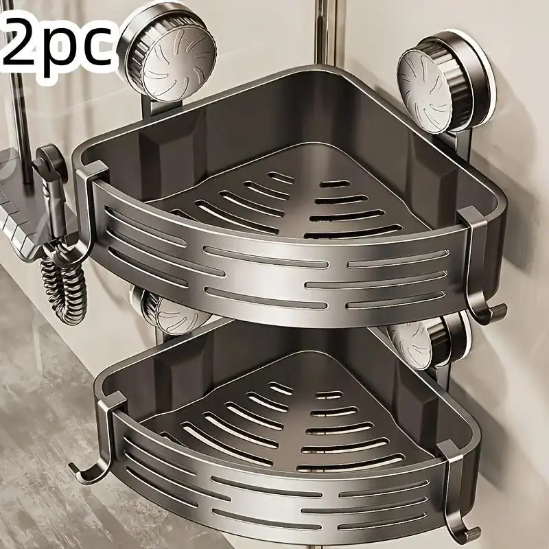 2-Piece Suction Cup Triangle Bathroom Corner Wall Mounted Rack, No-Drill Washbasin Toilet Plastic Storage Organizer, Bathroom Decorations, Bathroom Organizing Accessories, Bathroom Organizers, Adjustable Shower Organizer, Shower Shelf