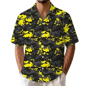 Hot Summer 2026 Men’s Yellow Black Camo Hawaiian Shirt, Bold Military Summer Button Up Shirt