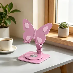 2026 New 360-Degree Rotatable Butterfly Mobile Holder, Premium Aluminum Alloy Folding Adjustable Kitchen Tech Accessories Stand, Cute Portable Desktop Bracket for Phones & Small Tablets (Girly Pick for Video Watching & Working)
