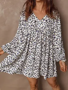 Women Multicolour Leopard Print V Neck Button Detail Long Sleeve Mini Dress Button Detail Short Gowns Multicolour Animal Pattern Apparel Relaxed Fit Tunics Summer Fall Fashion Clothing Trendy Wardrobe Essentials