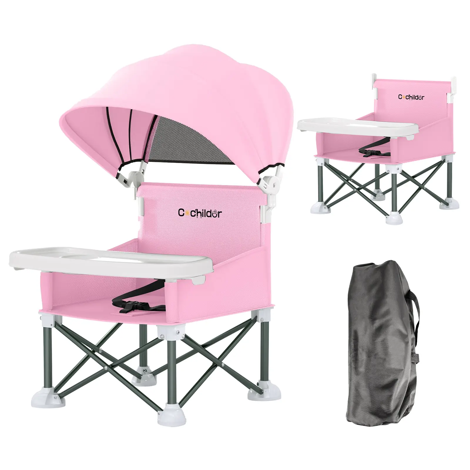 Cochildor foldable portable chair with height-adjustable seat cushion, equipped with a detachable feeding tray, with anti-tip design, featuring seat back straps, a compact travel dining chair, suitable for camping, baby and toddler furniture.