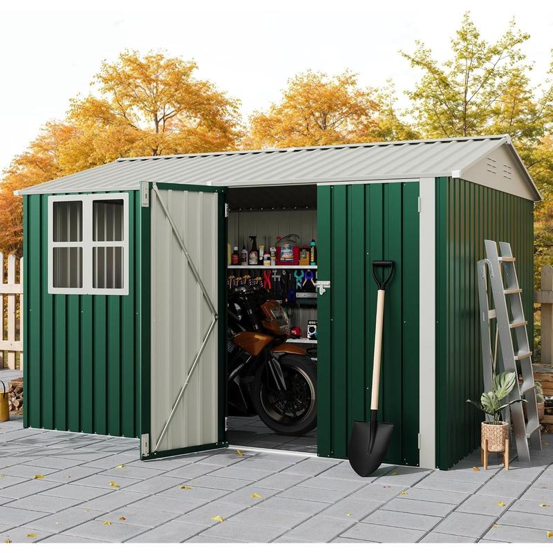 10x8 FT Durable Heavy-Duty Weatherproof Metal Garden Shed (450 Cu Ft), Gable Roof Grid Window Cross Windows Ventilation, Metal Shed Garden Buildings for Bikes Lawn Mowers Pet Shelter, Galvanized Steel Outdoor Storage, Durable Garden Shed