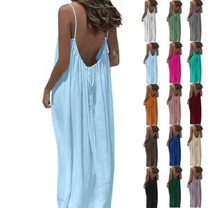 Backless Cami Dresses for Women Sleeveless Loose Lounge Dress Solid Color Casual House Dress Lightweight Maxi Dresses with Back Tie