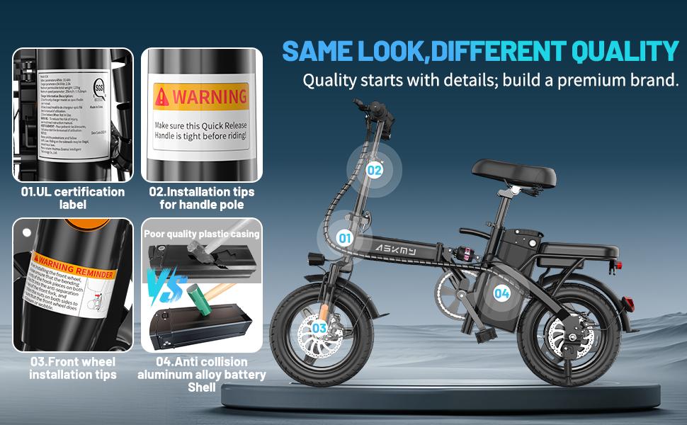 ASKMY E14 Compact Folding Electric Bike, 1000W Powerful Motor, 45 Mile Long Range | 14" Tubeless Fat Tires, Dual Disc Braking System | UL Certified Battery, Lightweight Urban Commuter E-Bike