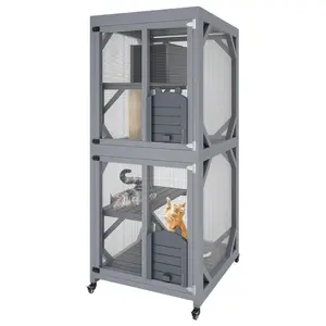 Large Cat Enclosure on Wheels for Indoor Outdoor, 68 Inch Window Access Catio with Asphalt Roof, Scratching Post, 3 Platforms and Resting Box, Cat Patio Playpen Grey