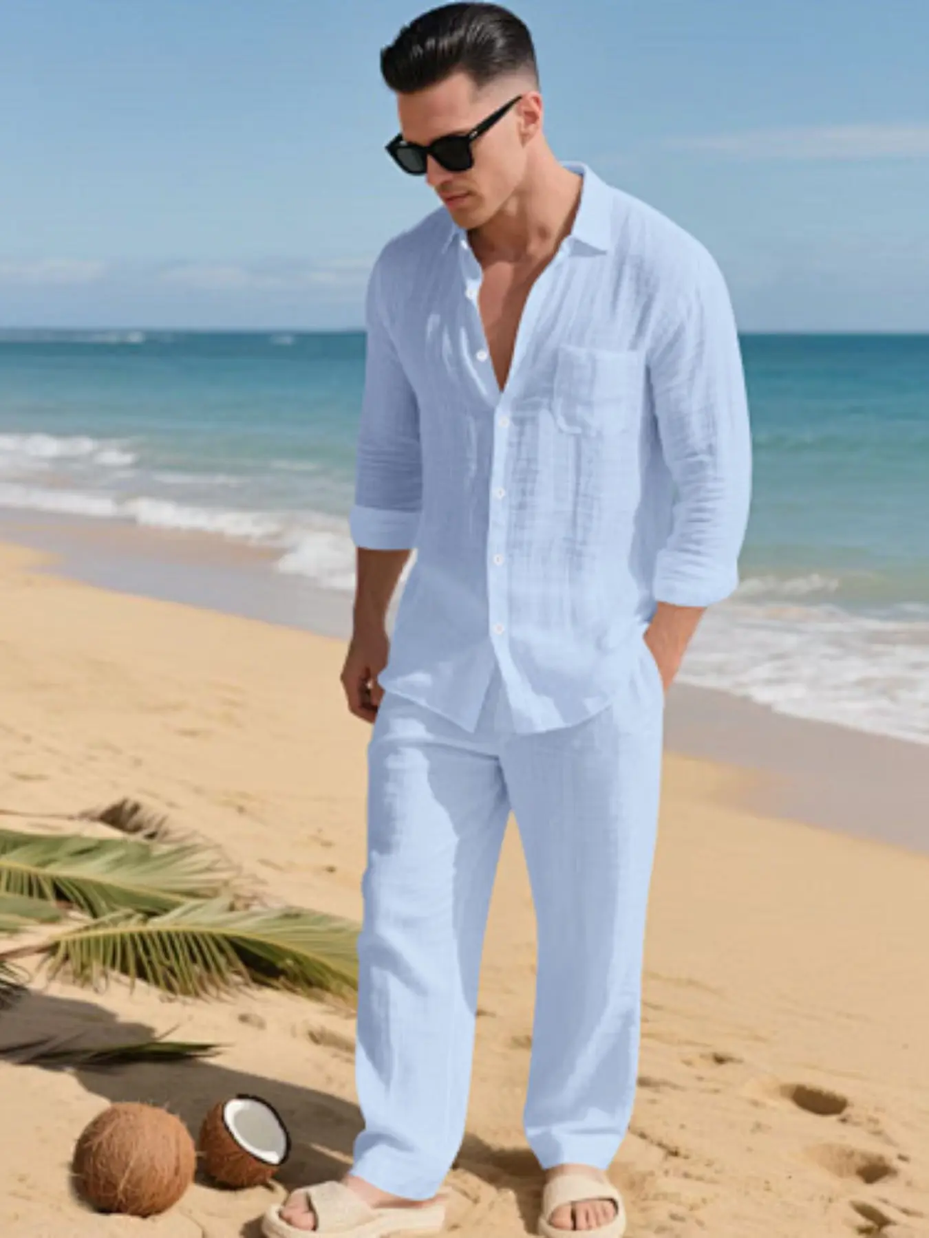 Men's Fashion British Style Linen Casual Outfit Set, Button-Down Shirt & Loose Straight-Leg Pants, High Stretch Comfortable Two-Piece