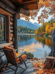 Rustic Fall Cabin Diamond Art - Lake Reflection & Orange Leaves Design, Full Round Drill Rhinestone Painting, Relaxing DIY Craft