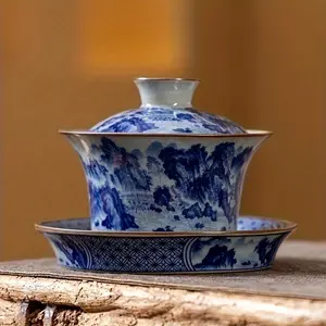 YuLongSheng Blue and White Three Water Painting Tea Set with Lid Bowl Ceramic Kung Fu Tea Cup for Home and Office Use