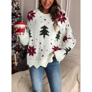 Women's Christmas Tree Print Scallop Trim Drop Shoulder Sweater Pullover, Casual Long Sleeve Round Neck Jumper for Fall & Winter, Ladies' Knitwear for Daily Wear