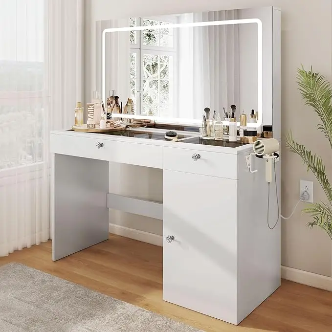DWVO White/Black Vanity Desk with Power Outlet, Large 47 Inches Vanity Table with 3 Color Modes, 4 Layer Storage