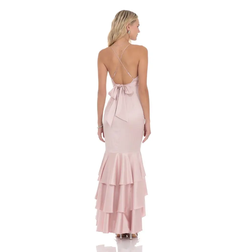 Satin Ruffle Fishtail Maxi Dress in Pink
