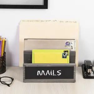 3 Slot Mail Sorter, Gray Wood Letter Organizer, Document Desk Filing Folder Storage Holder with Chalkboard Label