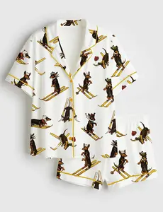 Retriever Dachshund Sleigh Skiing Short Sleeve Pajama Set, Dog Lover Dachshund Skiing Meme PJs, Cozy Sleepwear, Perfect Gift Dog Print
