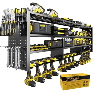 49" W Large Power Tool Organizer Wall Mount, 4 Layer Heavy Duty Metal Tool Storage Rack with 12 Drills Holder, Utility Racks for Garage Workshop, Ideal Garage Organization