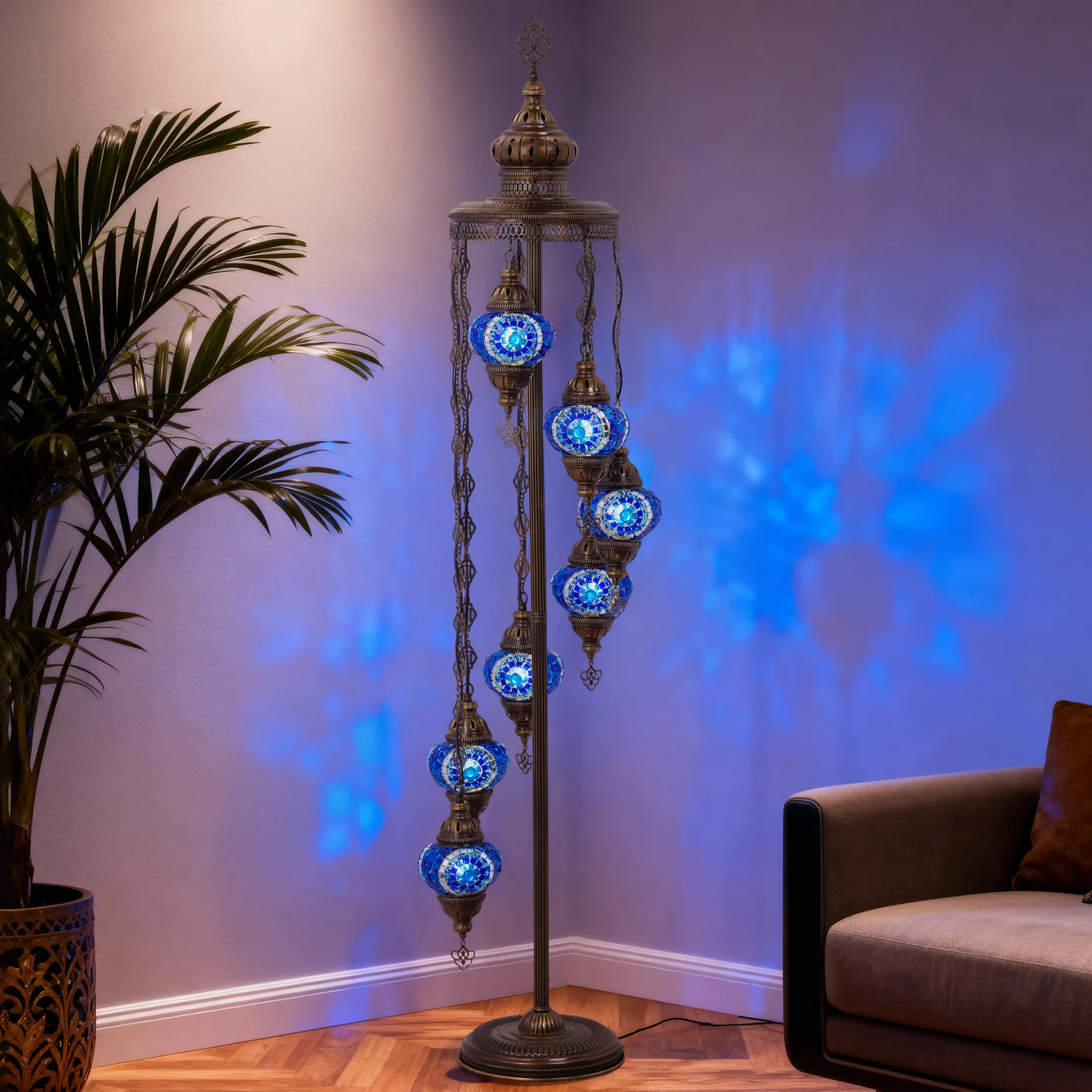 MOZAIST Turkish Mosaic Floor Lamp with 7 Blue Globes - Handmade Multi-Globe Moroccan Standing Lamp, Authentic Stained Glass, Bohemian Home Decor, 63 Inches