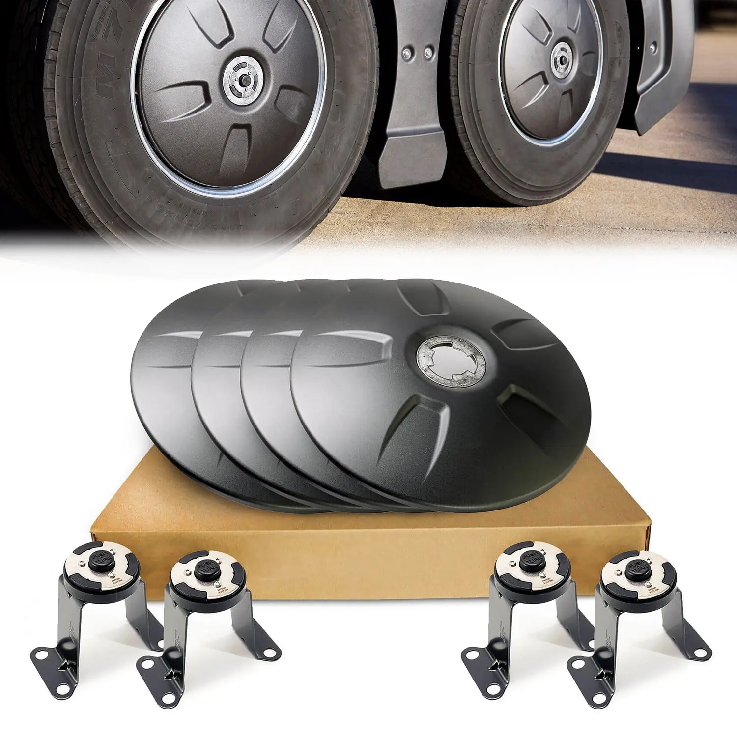 TORQUE 22.5" Aerodynamic Wheel Disc Cover Axle Cap Kit for Semi Truck Tractor Trailer, Twist & Lock, Black ABS Plastic Rear, Universal Fit (TR587-TWC)