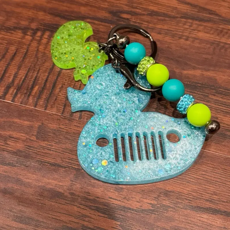 Splashin' Duck Keychain - Blue Glitter Jeep Duck with Lime Pop Beads & Black Ring Accessory