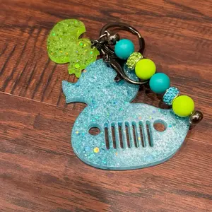 Splashin' Duck Keychain - Blue Glitter Jeep Duck with Lime Pop Beads & Black Ring Accessory