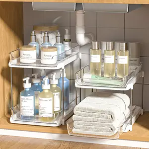 2-Tier Multi-Purpose Bathroom Cabinet Organizer, Pull Out Under Sink Organizers and Storage, Stackable Pantry Organization and Storage, Clear Under Cabinet Storage with Movable Dividers