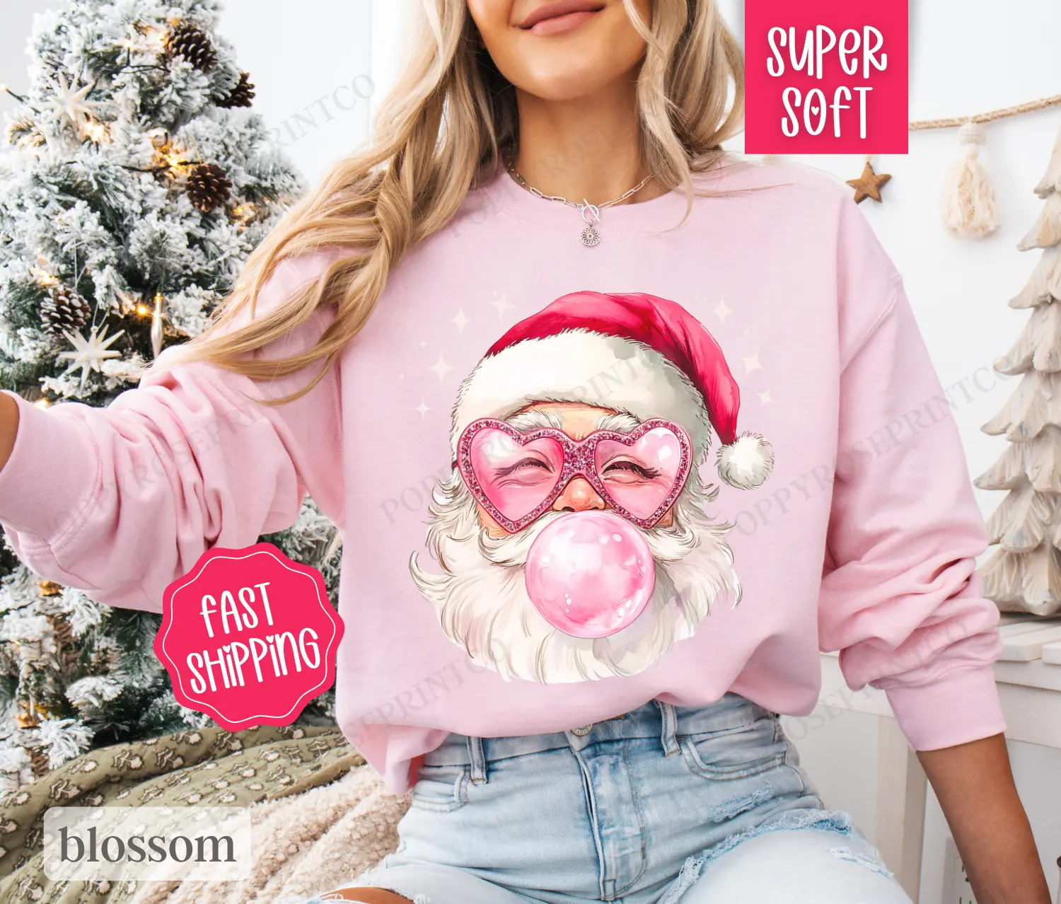 Pink Santa Bubble Sweatshirt, Christmas Sweater,  Coquette Xmas Tshirt, Women's Holiday Crewneck funny santa